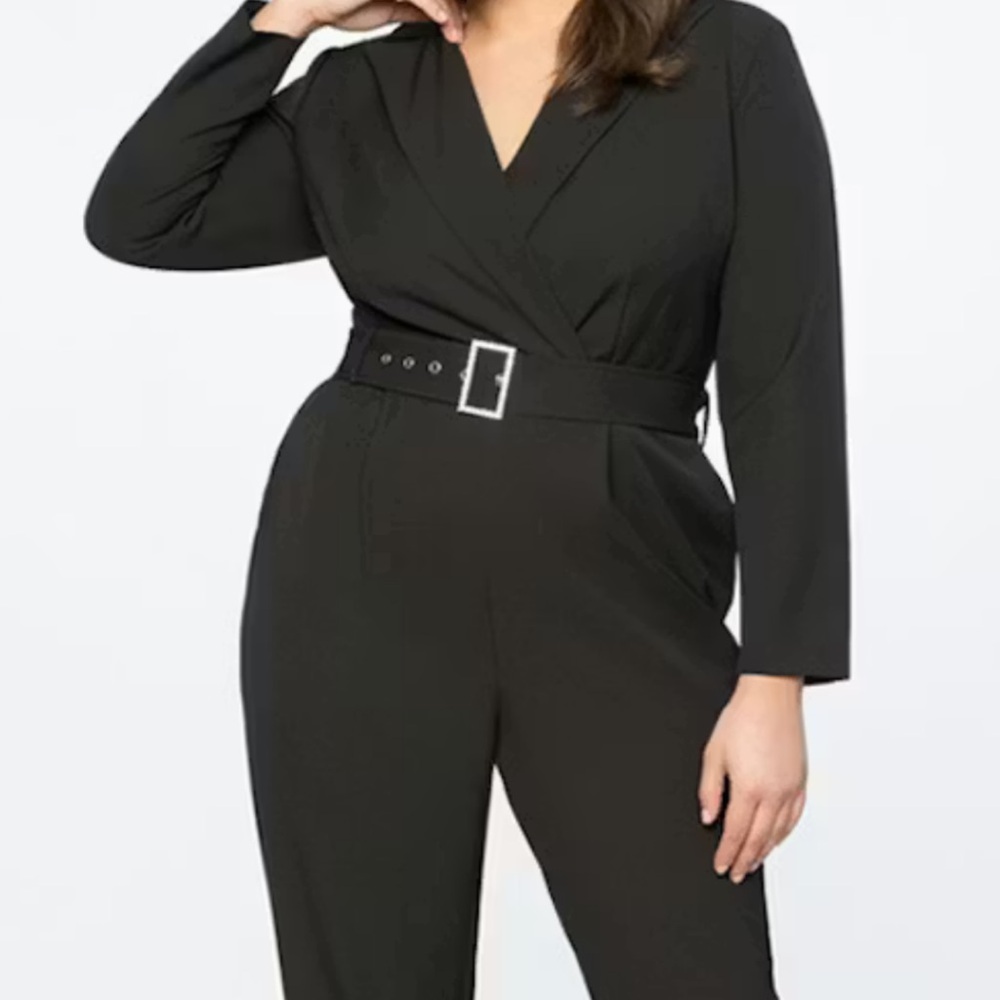 Eloquii Black Wrap-Front Belted Jumpsuit